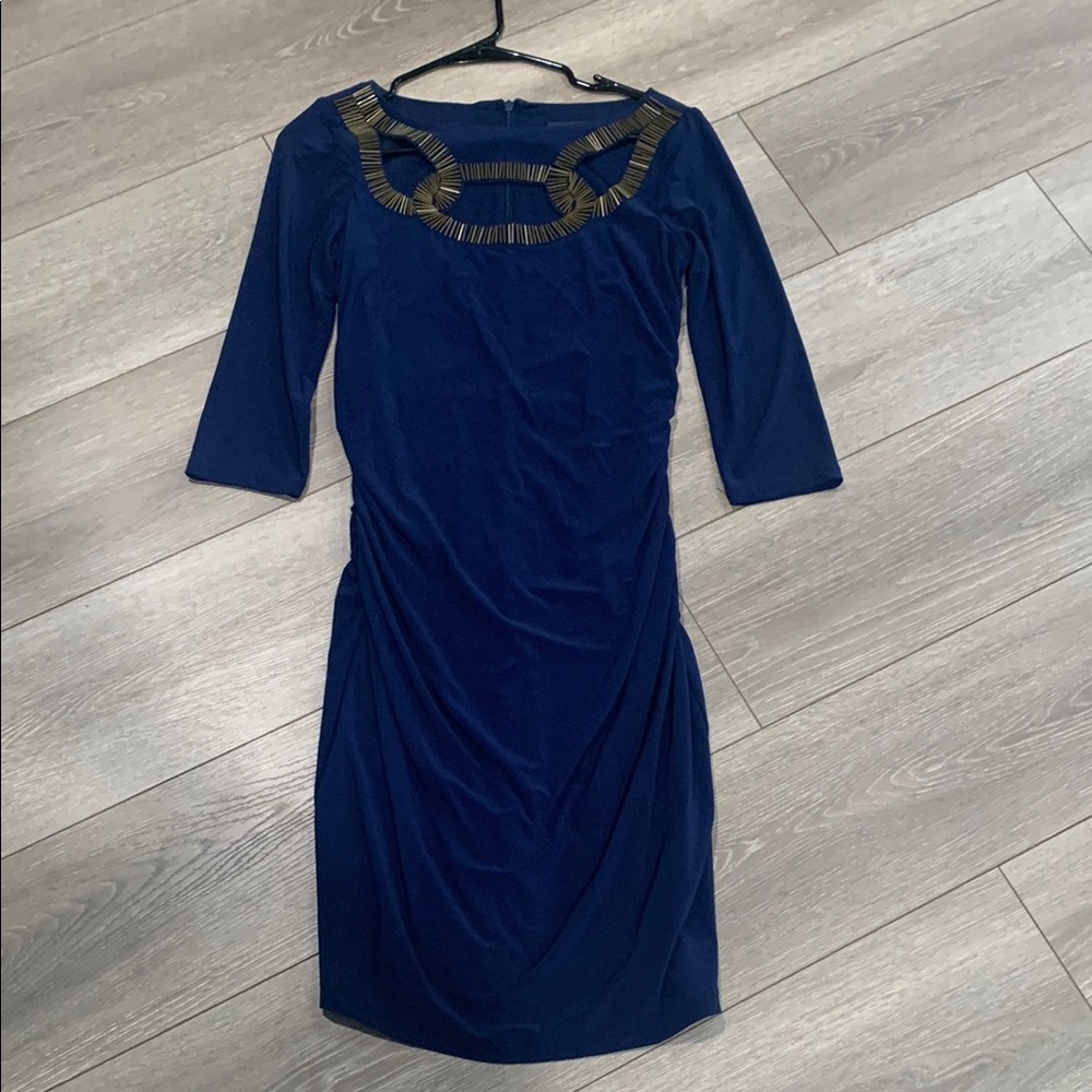 Adrianna Papell Blue Sheath Dress 3/4 Sleeve Bateau Neckline